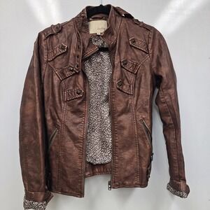 Daytrip Buckle Faux Leather Brown Zip Jacket Womans S Biker Rockstar Cowgirl
